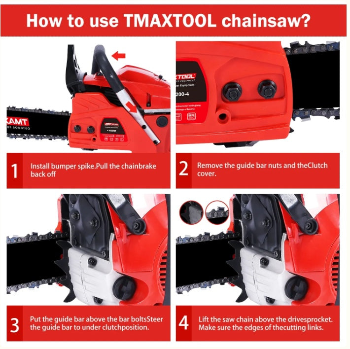 Tronçonneuse à essence puissante TMAXTOOL 62 cm³ 20 pouces avec moteur 2 temps – Parfaite pour l'élagage – Rouge