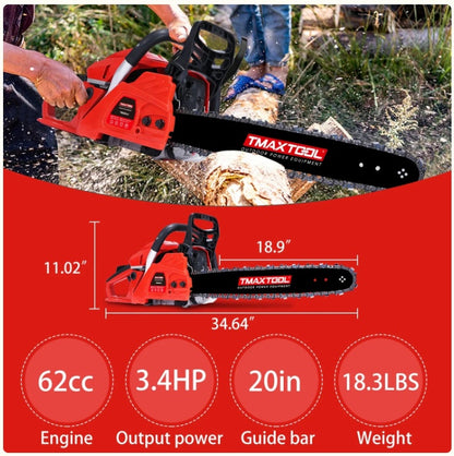 Tronçonneuse à essence puissante TMAXTOOL 62 cm³ 20 pouces avec moteur 2 temps – Parfaite pour l'élagage – Rouge