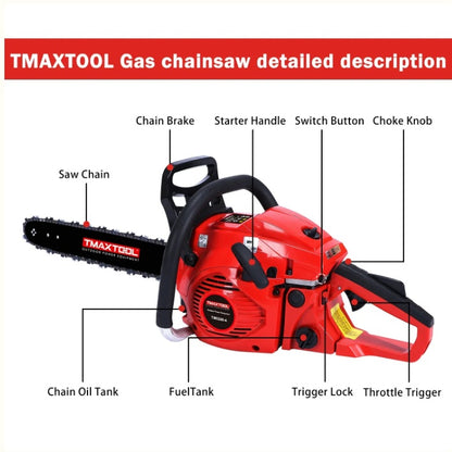 Tronçonneuse à essence puissante TMAXTOOL 62 cm³ 20 pouces avec moteur 2 temps – Parfaite pour l'élagage – Rouge