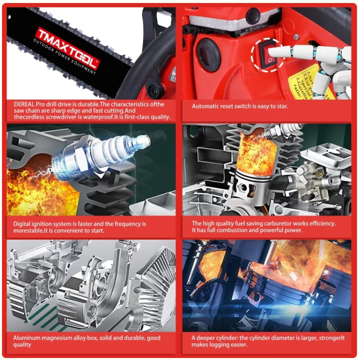 Tronçonneuse à essence puissante TMAXTOOL 62 cm³ 20 pouces avec moteur 2 temps – Parfaite pour l'élagage – Rouge