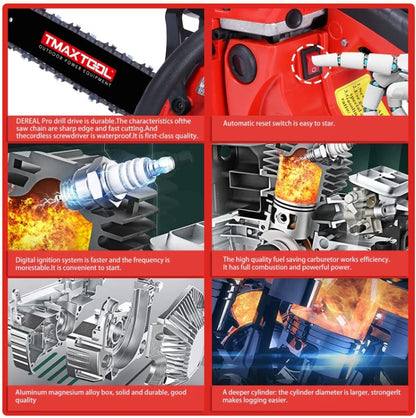 Tronçonneuse à essence puissante TMAXTOOL 62 cm³ 20 pouces avec moteur 2 temps – Parfaite pour l'élagage – Rouge